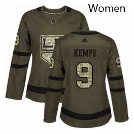 Womens Adidas Los Angeles Kings 9 Adrian Kempe Authentic Green Salute to Service NHL Jersey